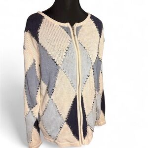 Vintage Argyle Blue& White Dress Barn Zip Up Preppy Knit Sweater